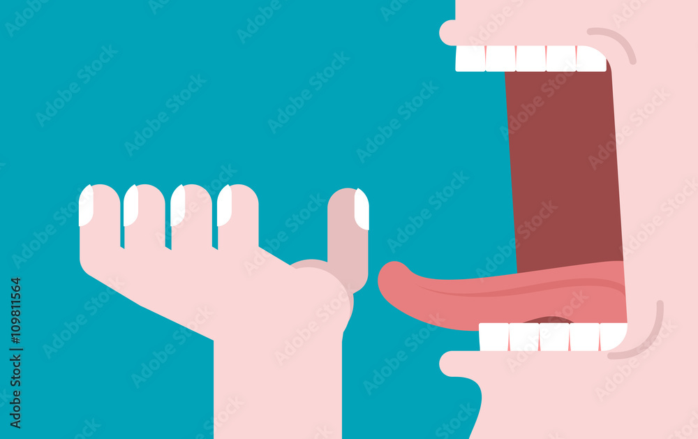 Naklejka premium Open mouth and hand. Illustration consumption. Preparation for m