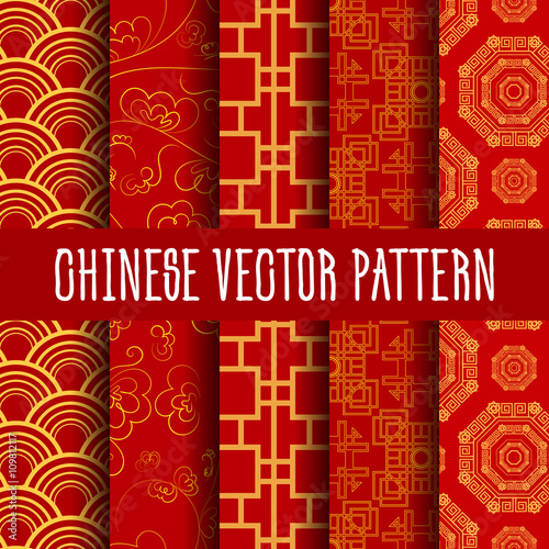 Chinese seamless patterns red shades. Set of seamless patterns. Vector illustration.