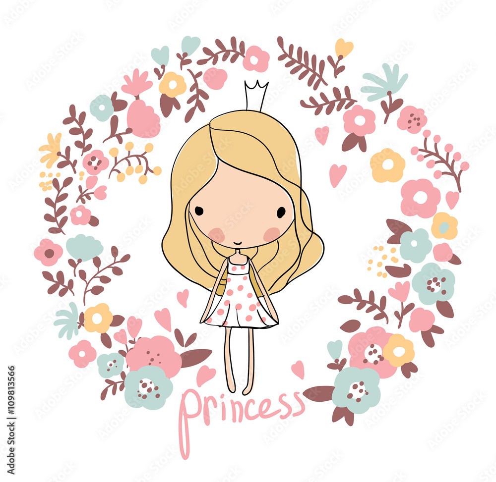 Cute small princess. Childish vector card in beautiful flowers. Cute small princess. Childish vector card in beautiful flowers.