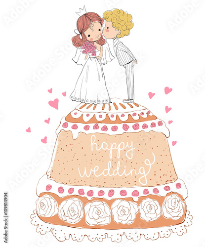 wedding invitation bride and groom on the cake