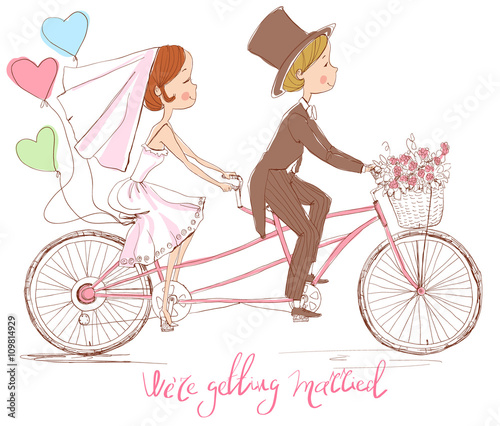 Wedding invitation. The bride and groom on tandem bicycle