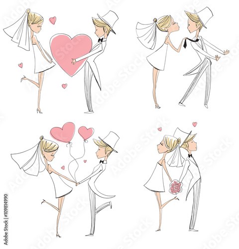 Wedding romantic collection with bride, groom