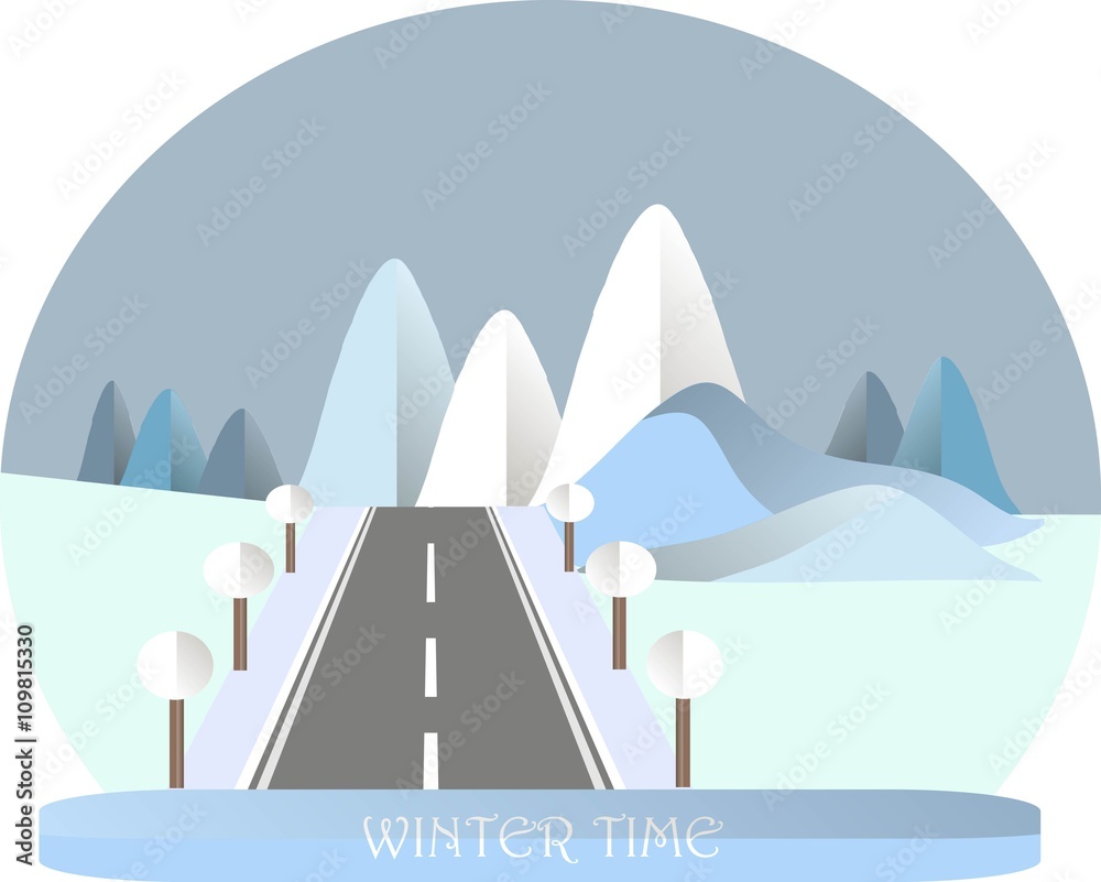 Series four seasons. Mountain landscape with road in winter time. Modern flat design, design element, vector