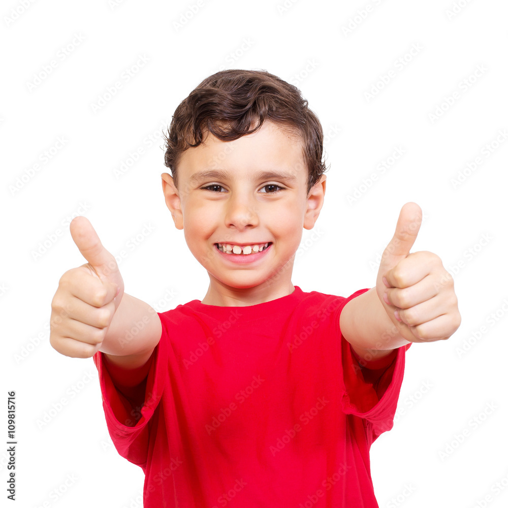 Portrait of confident little boy showing two thumbs up isolated on white background
