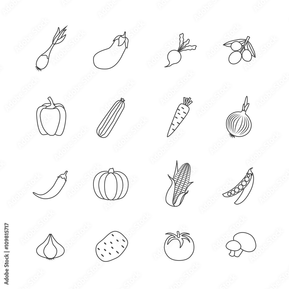 Vegetables Lined Isolated Icon Flat Set Vegetables Lined Isolated Icon Flat Set
