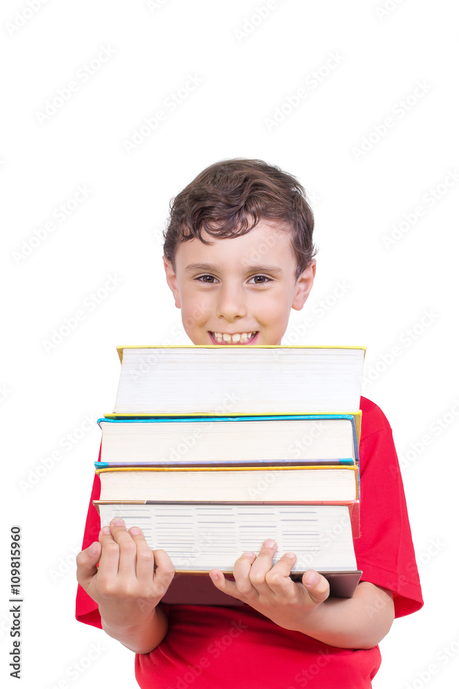 Education Concept - Happy smiling boy carrying heap of books Isolated on the White Background Education Concept - Happy smiling boy carrying heap of books Isolated on the White Background