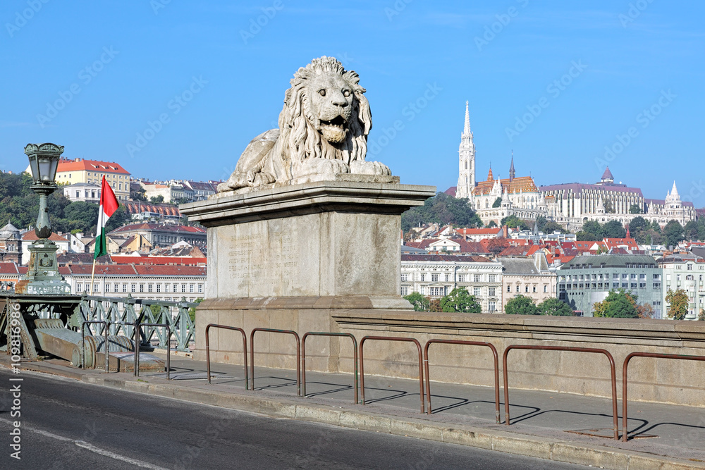 Budapest, Hungary. Stone lion on the Szechenyi Chain Bridge on the background of Castle Hill with Matthias Church and Fisherman's Bastion.