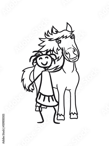 girl child girl stroking friends love beautiful pony stallion riding white comic cartoon