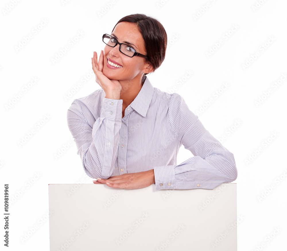Smiling happy businesswoman with a placard Smiling happy businesswoman with a placard