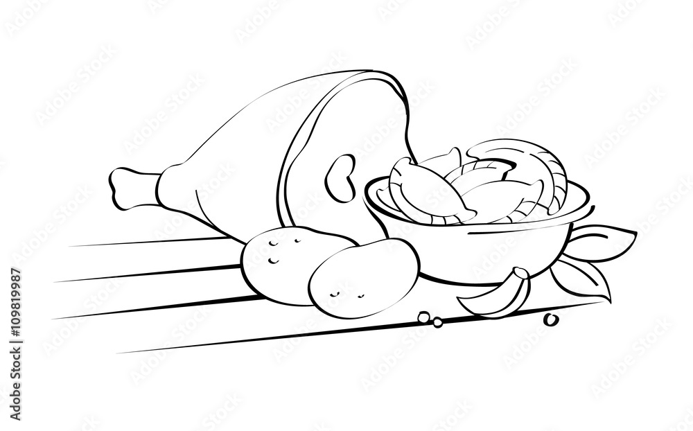 Graphic drawing of dumplings of pork with potatoes, painted calligraphic pen. Graphic drawing of dumplings of pork with potatoes, painted calligraphic pen.