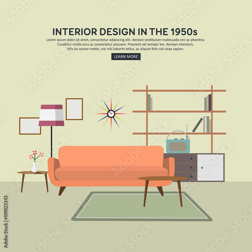 Retro interior living room with bookcase, sofa, radio, lamp, coffee table. Flat design. Vector illustration.