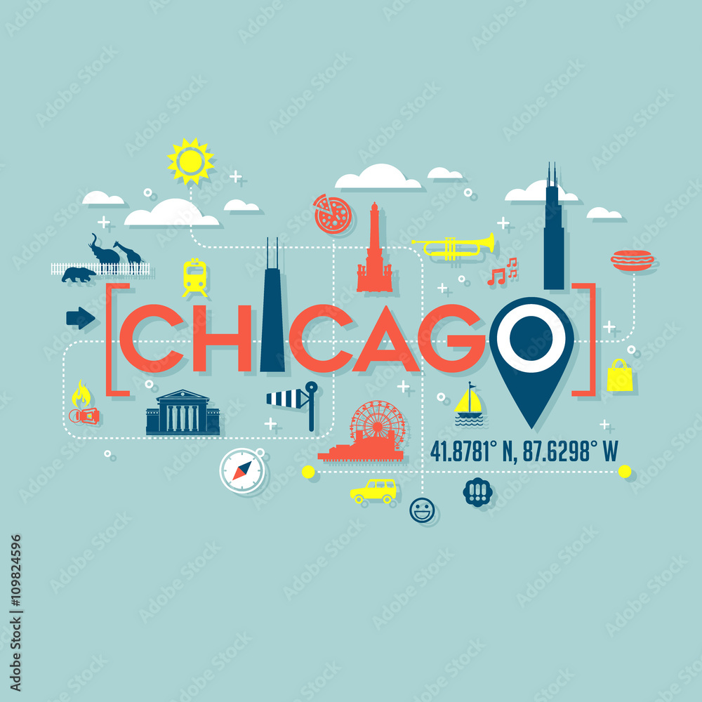 Fototapeta premium Ikony Chicago i projektowanie typografii dla kart, banerów, koszulek, plakatów