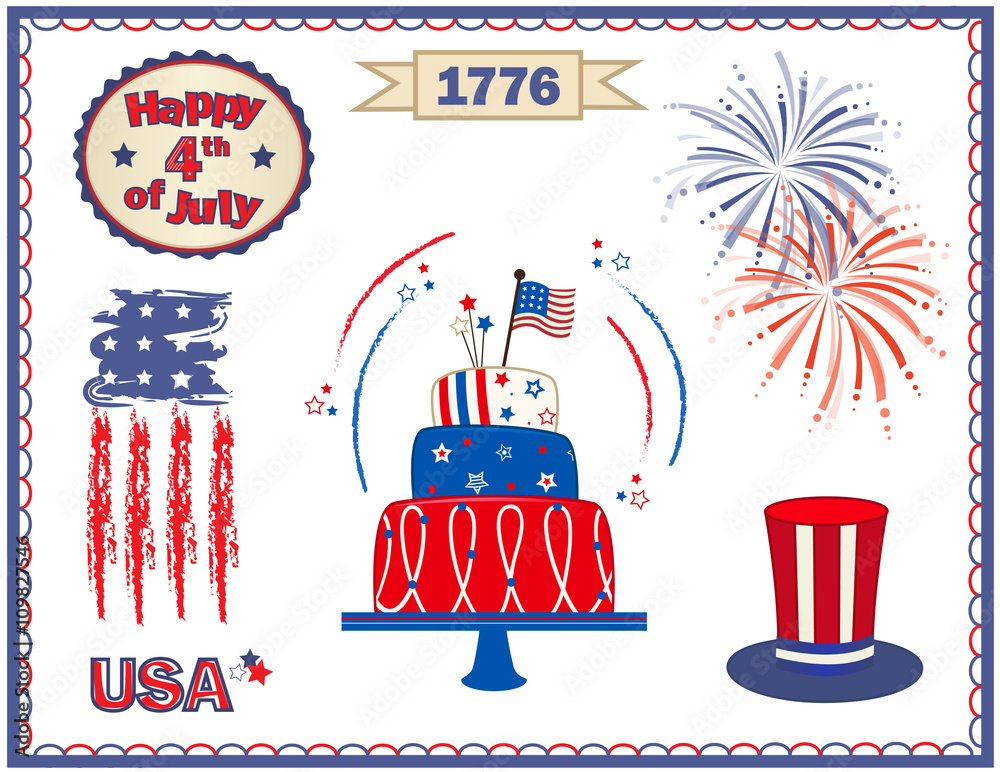 Fourth of July Set - Fourth of July clip art with fireworks, cake