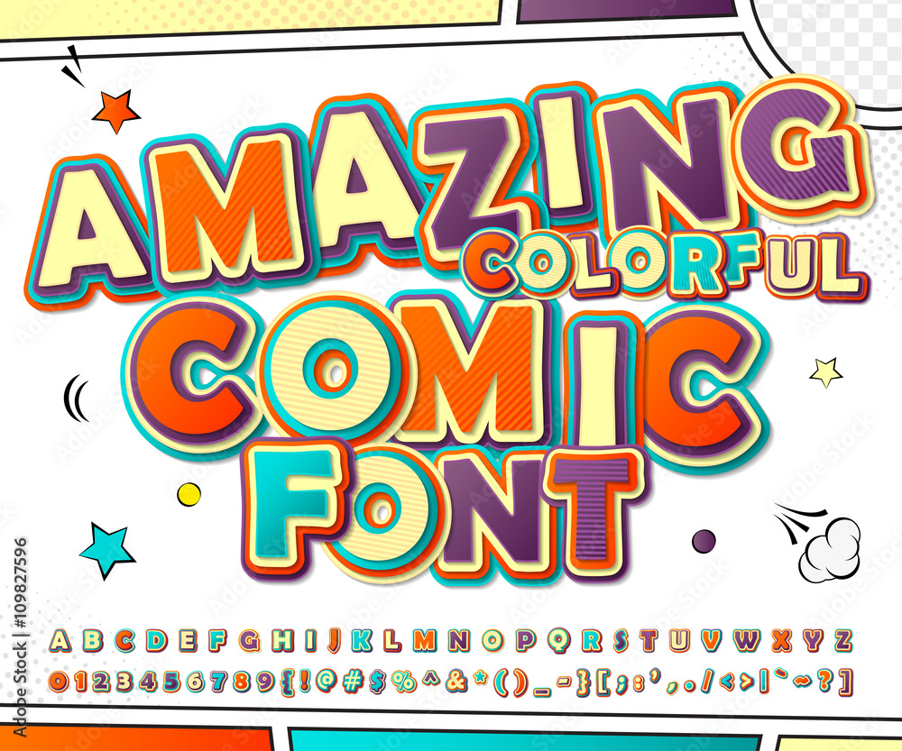 Creative colorful comic font. Comics book, pop art