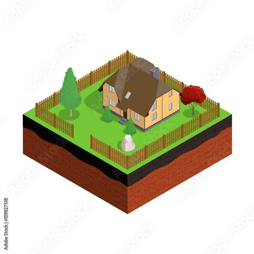 Cross section of ground with house. 3d isometric. Vector illustr