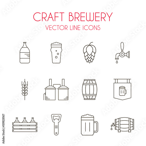 Craft beer and brewery vector line icon set: beer bottle, distillery, beer opener, barrel, beer tap, glass, hop, malt, pint etc.