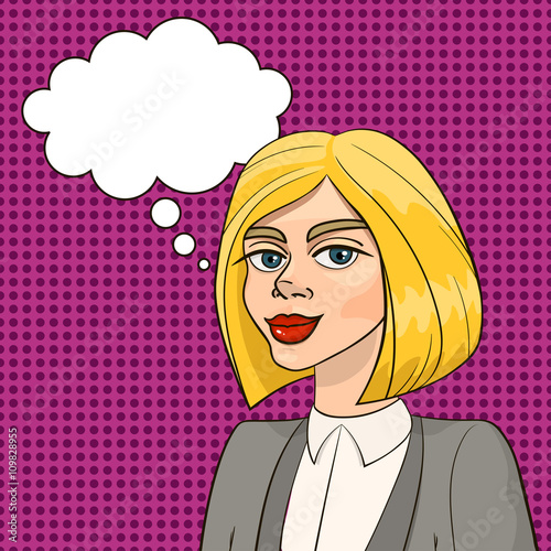Beautiful blonde woman in business smart suit with thought bubble isolated on seamless polka dot background. Vector illustration in pop art retro style for advertising, posters, invitations, prints.
