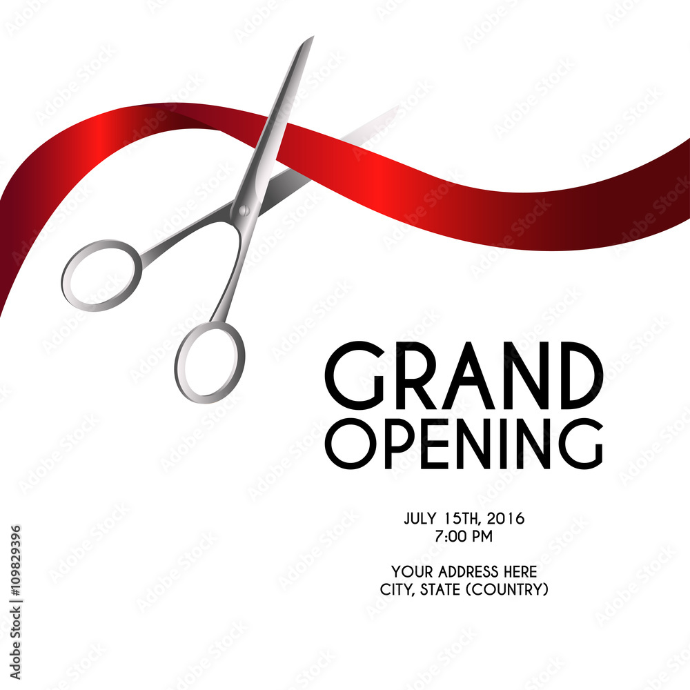 Grand opening poster mock-up with silver scissors cutting red ribbon  isolated on white background, design announcement template. Editable and  movable objects. EPS 10. Stock Vector | Adobe Stock
