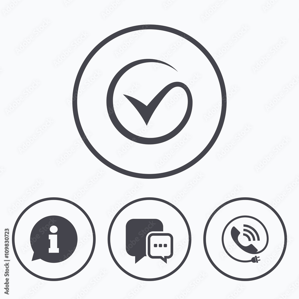Check or Tick. Phone call and Information sign. Check or Tick. Phone call and Information sign.