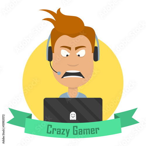 Cartoon Crazy Gamer. Angry man with a laptop or a notebook and a gaming headphone headset.