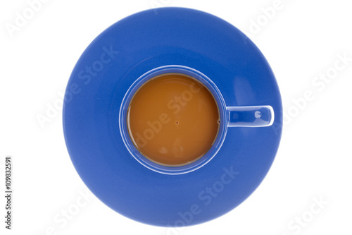 overhead view of a blue coffee cup.