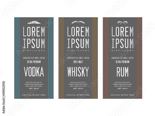 liquor bottle label designs for vodka, whisky whiskey and rum