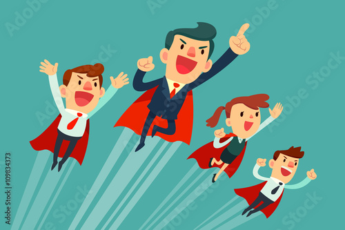 super business team in red capes flying upwards