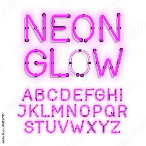 Neon Glow alphabet on white background 