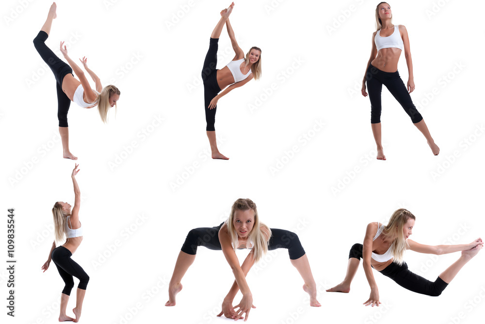 Photo collection of pretty girl engaged in pilates