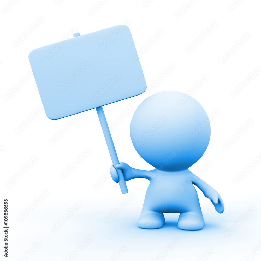blue 3d human character holding an empty sign in front of a white background blue 3d human character holding an empty sign in front of a white background