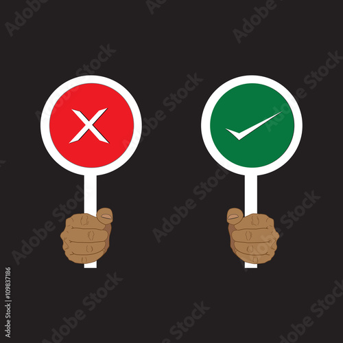 Hands holding Right and Wrong Sing paddles, vector illustration