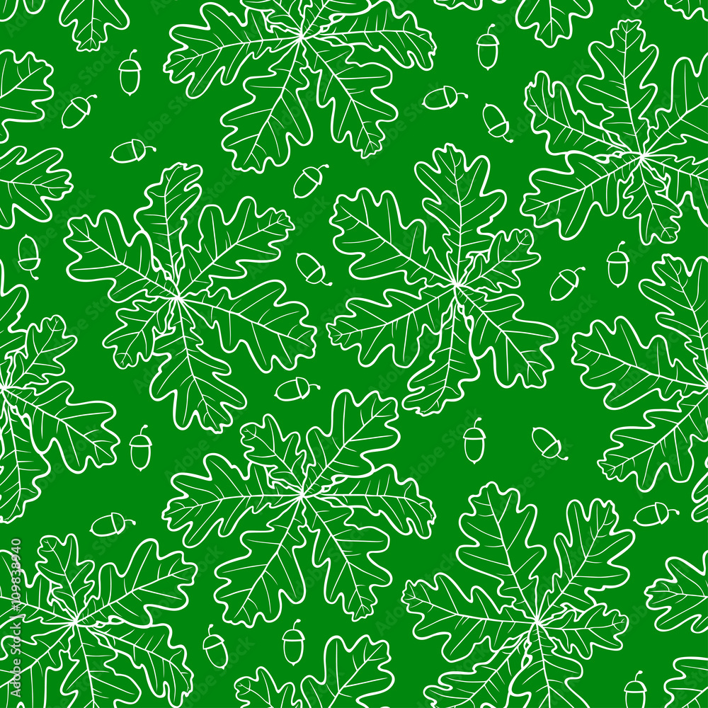 Fototapeta premium Oak leaves and acorn pattern seamless on green background