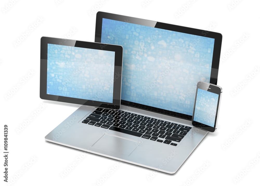 laptop, tablet, phone, on white. 3d rendering. laptop, tablet, phone, on white. 3d rendering.