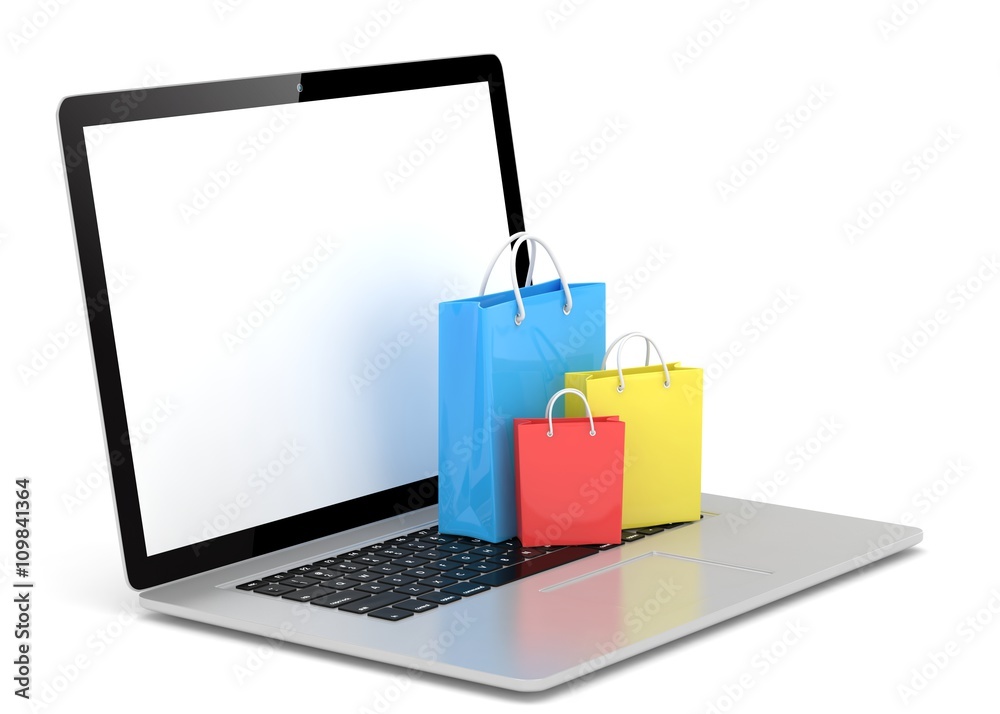 laptop and shopping pags on white background. 3d rendering. laptop and shopping pags on white background. 3d rendering.
