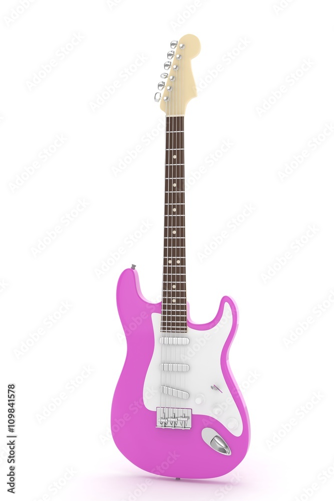 Isolated purple electric guitar on white background.  Musical instrument for rock, blues, metal songs. 3D rendering.