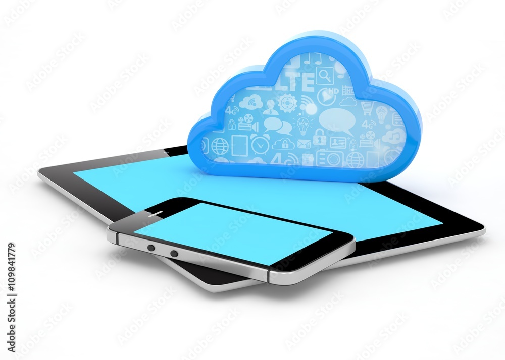 tablet pc, smart phone and cloud. 3d rendering. tablet pc, smart phone and cloud. 3d rendering.