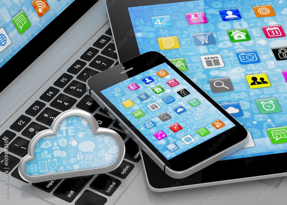 laptop, tablet pc, smart phone and cloud. 3d rendering. laptop, tablet pc, smart phone and cloud. 3d rendering.