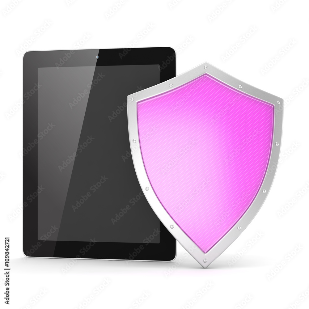 Tablet PC and shield on white device security concept. 3d rendering. Tablet PC and shield on white device security concept. 3d rendering.