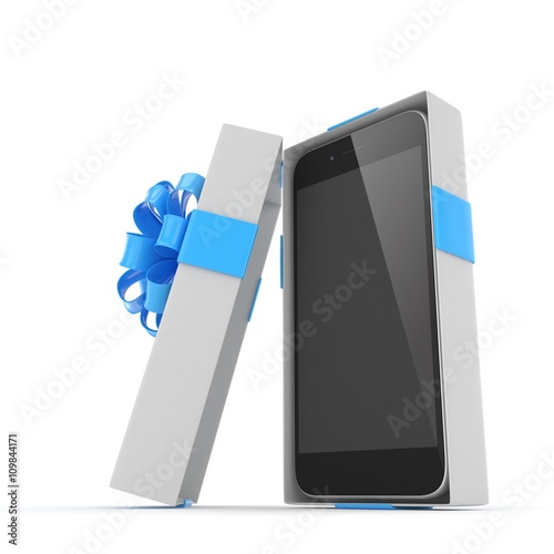 Smartphone in gift box. Isolated on white background. 3d rendering.