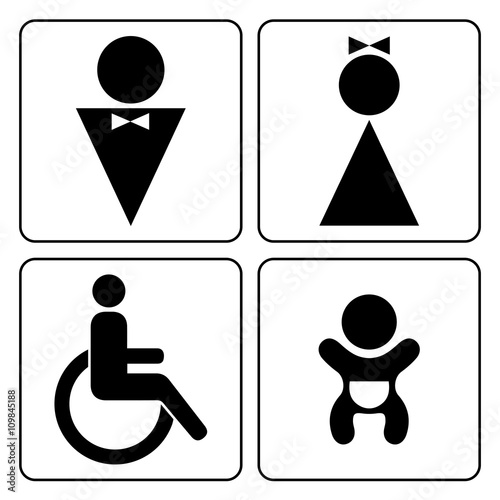 WC signs set. Man, woman, mother with baby and handicapped silhouettes isolated on white background. Male and female toilet door icons. Lady and gentleman restroom symbol. Cast logo concepts. Vector