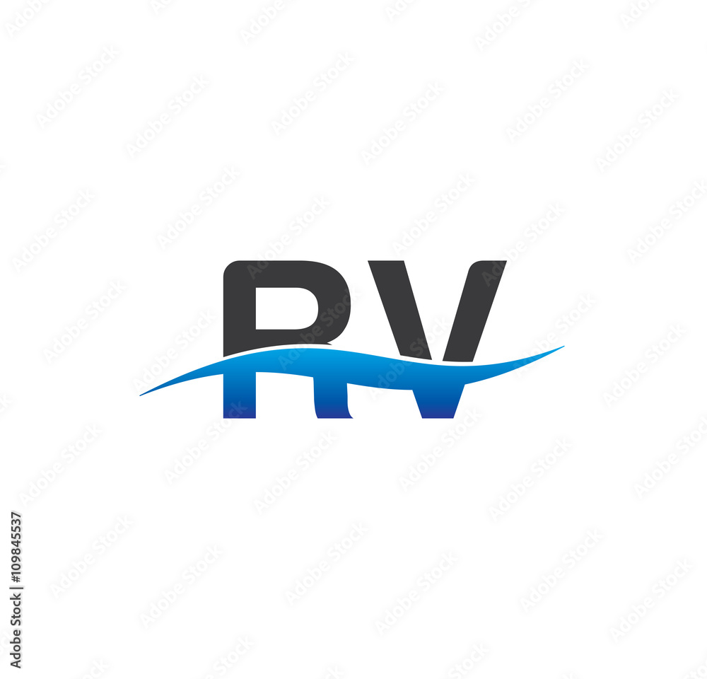 Fototapeta premium rv initial logo with swoosh blue and grey