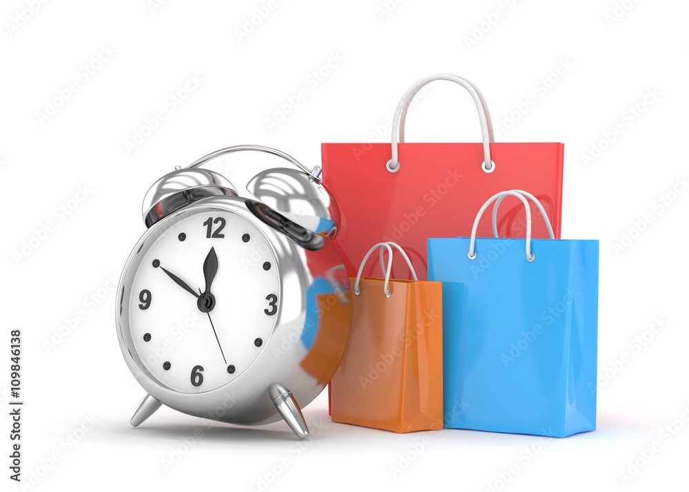 alarm clock and shopping bag (time to buy concept). 3d rendering. alarm clock and shopping bag (time to buy concept). 3d rendering.