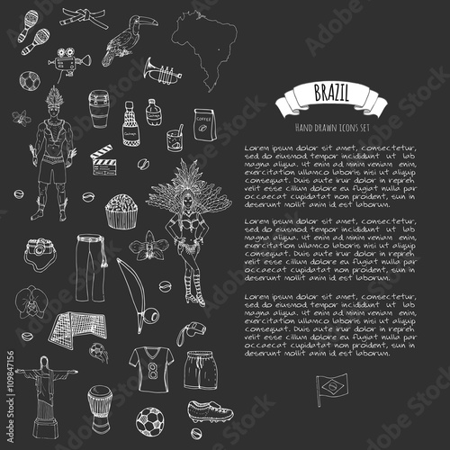 Hand drawn doodle Welcome to Brazil set Vector illustration Sketchy Brazilian traditional icons Cartoon Brazil typical elements collection Landmark Football ball cleats goal Capoeira Samba Orchid