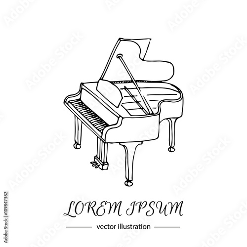 Hand drawn doodle Piano icon Vector illustration musical instrument Music symbols icons collections Cartoon piano concept elements Piano vector logo design template