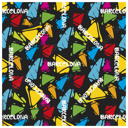 Antonio Gaudi mosaic. Triangle hand drawn vector seamless pattern with words Barcelona and Spain.