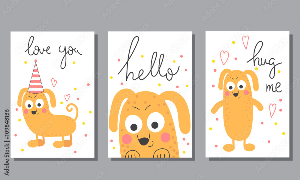 Set of funny postcards with a fun dog.