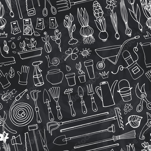 Spring garden doodle seamless pattern.Chalk Tools,plants