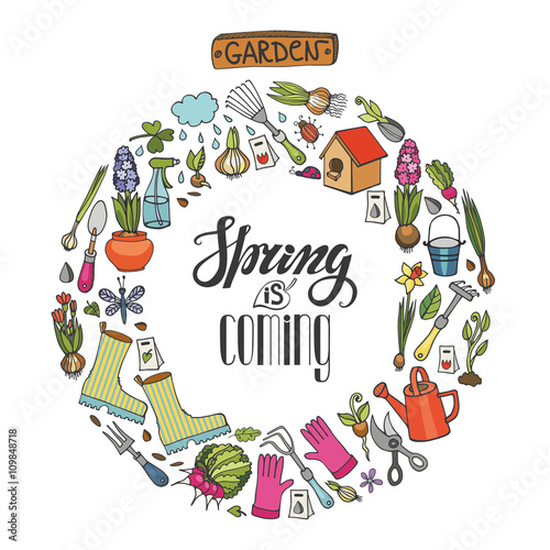 Spring garden wreath.Flowers,plants,tools,lettering