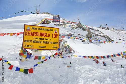 mountain pass in the Ladakh region of Jammu and Kashmir state. The elevation of Khardung La is 5,360 m. Allegedly highest motorable troad in the world photo