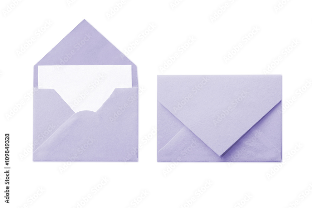 Purple envelope with blank white card isolated on white backgroun Purple envelope with blank white card isolated on white backgroun